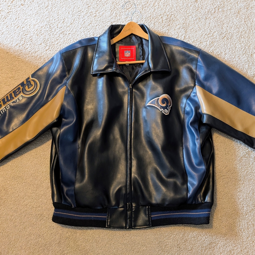 St. Louis Rams Faux Leather Bomber Jacket. Team. Embroidered 90s Vintage. XL